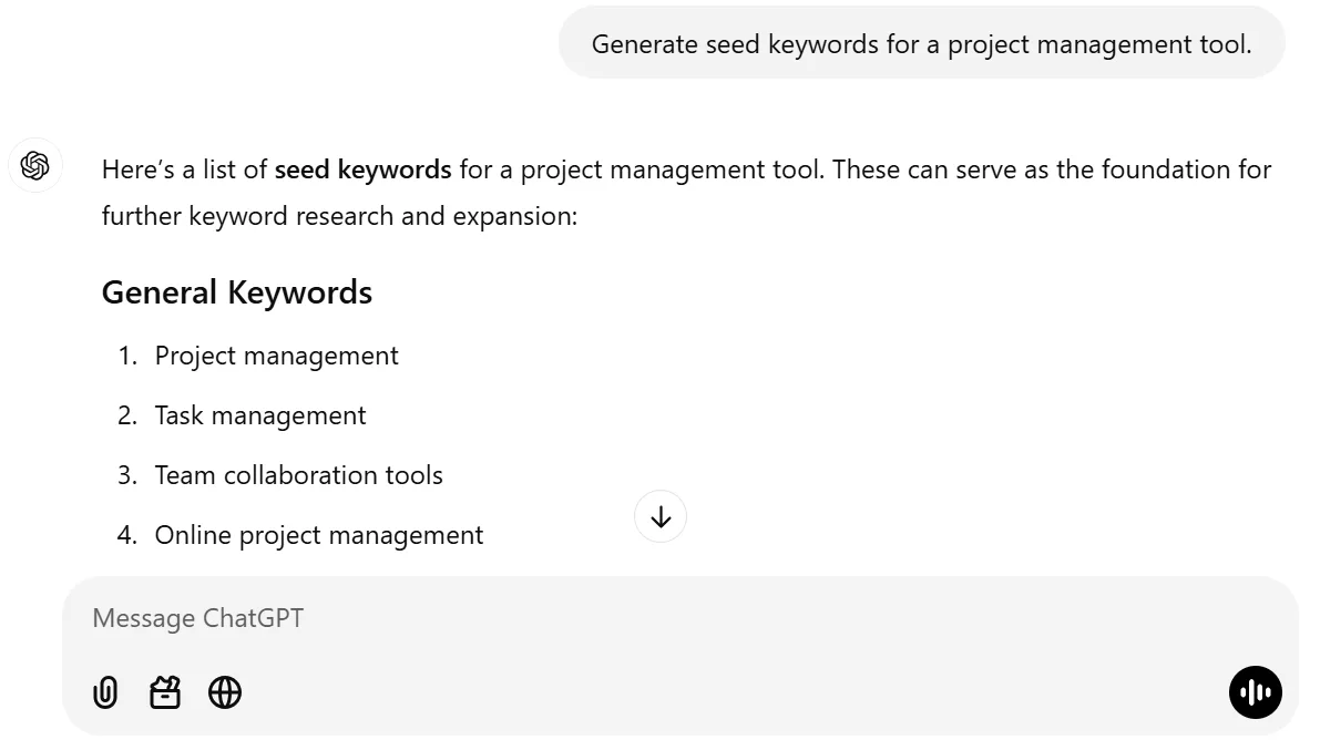 List of seed keywords for project management tools including task management and collaboration.