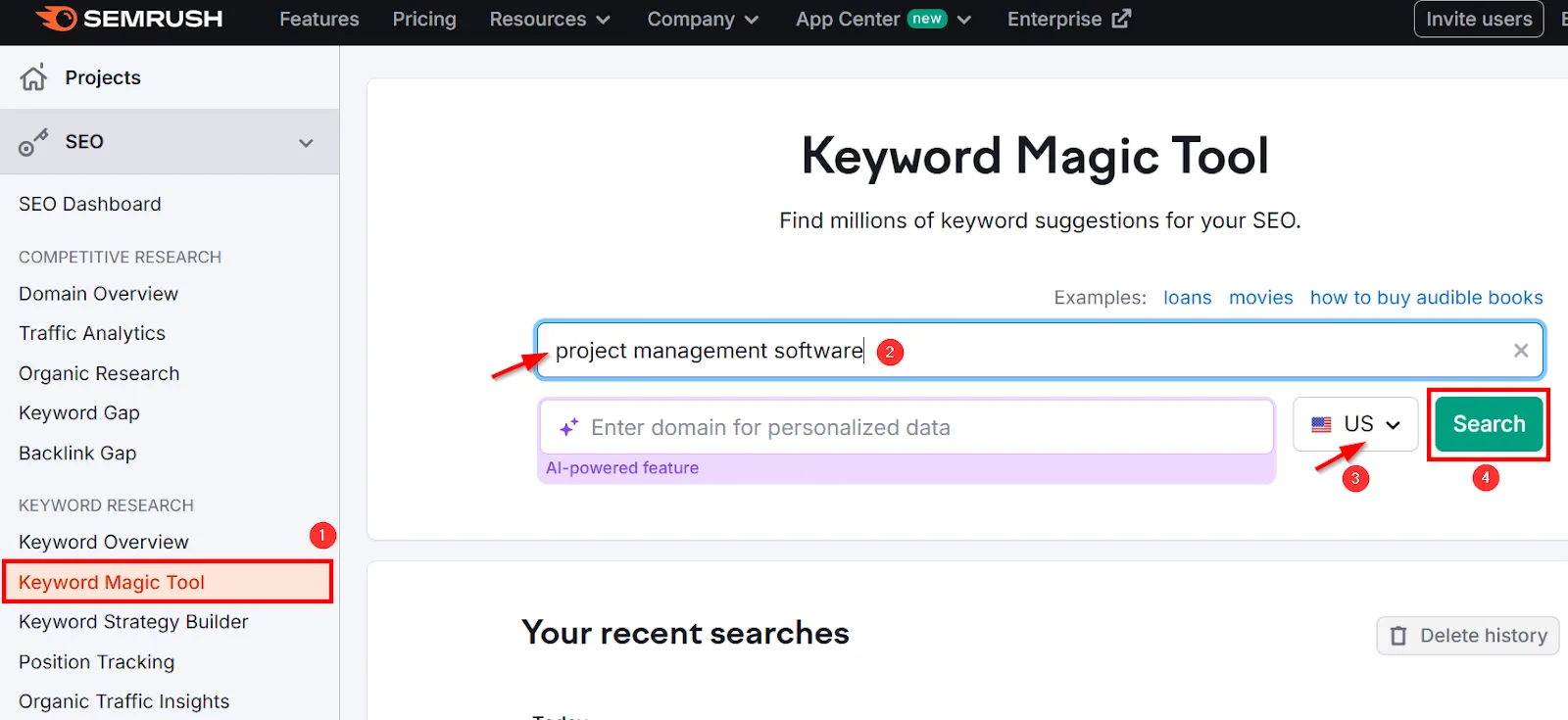 Using SEMrush Keyword Magic Tool to find project management software keywords.