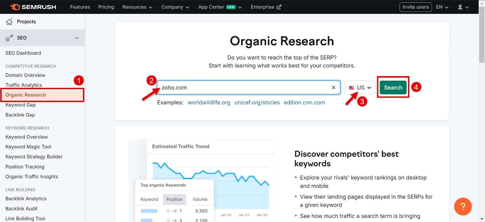 User interface of SEMrush showing organic research search for zoho.com.