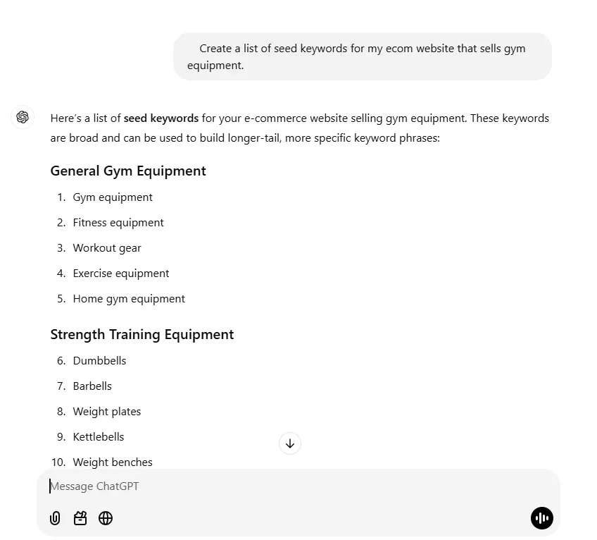 List of seed keywords for e-commerce gym equipment website.