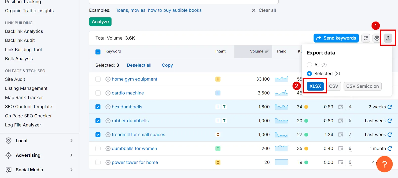 SEO tool interface showing keyword selection and export options.