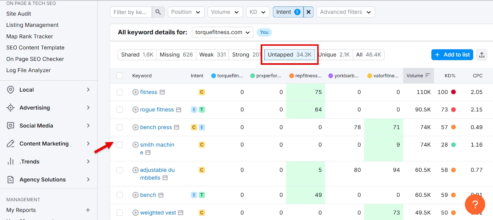 Keyword analysis dashboard for torquefitness.com with metrics and keyword details.
