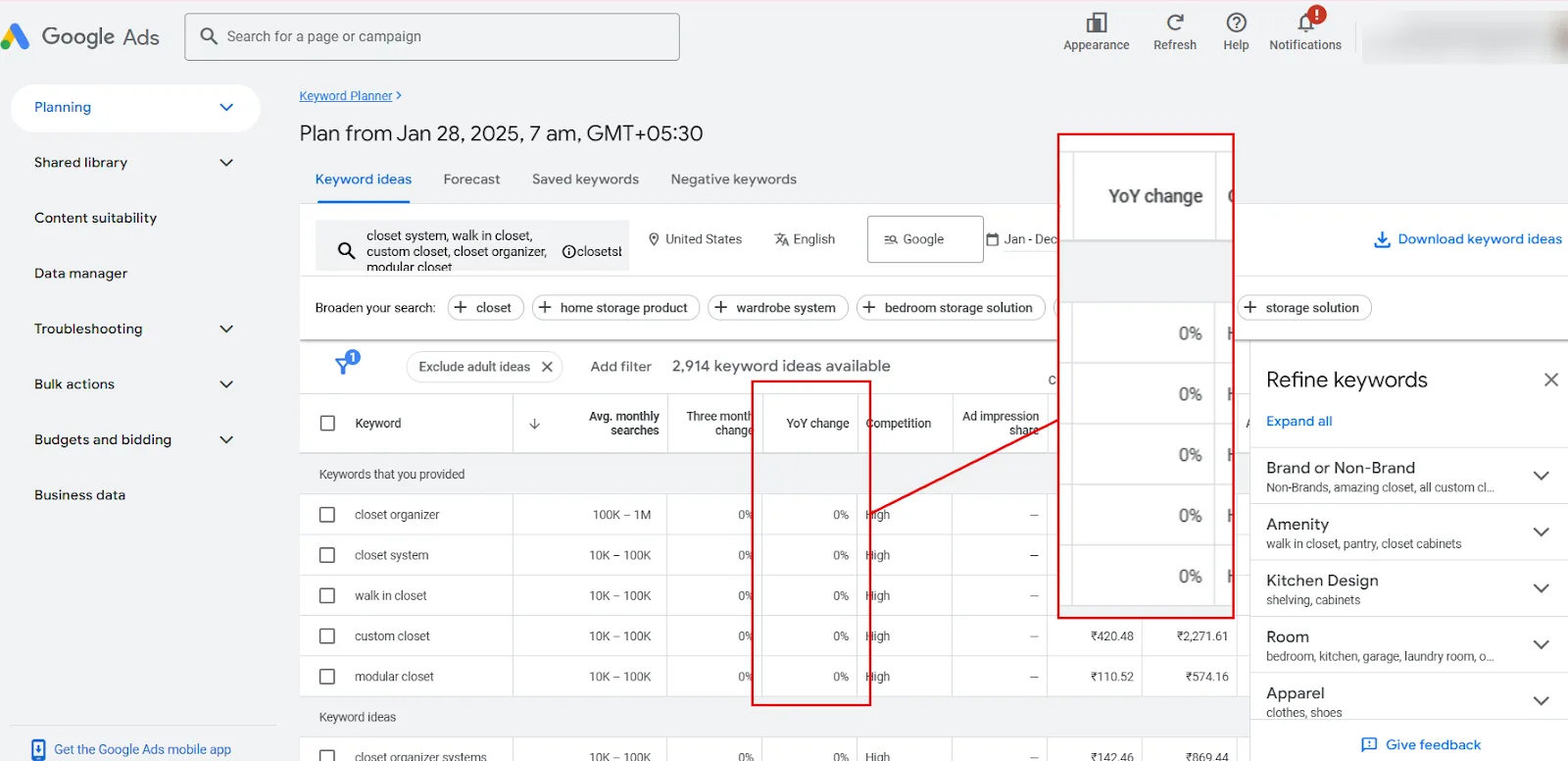 Google Ads Keyword Planner showcasing closet-related keywords and their performance metrics.