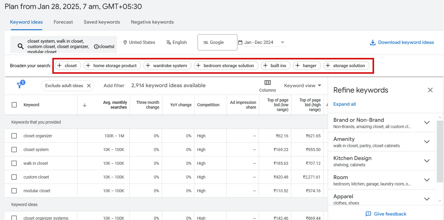 Keyword ideas for storage solutions like closets and organizers from a planning tool.