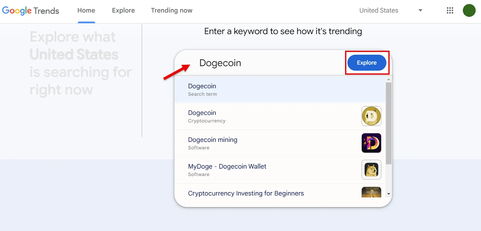 Screenshot of Google Trends highlighting Dogecoin and its search terms.