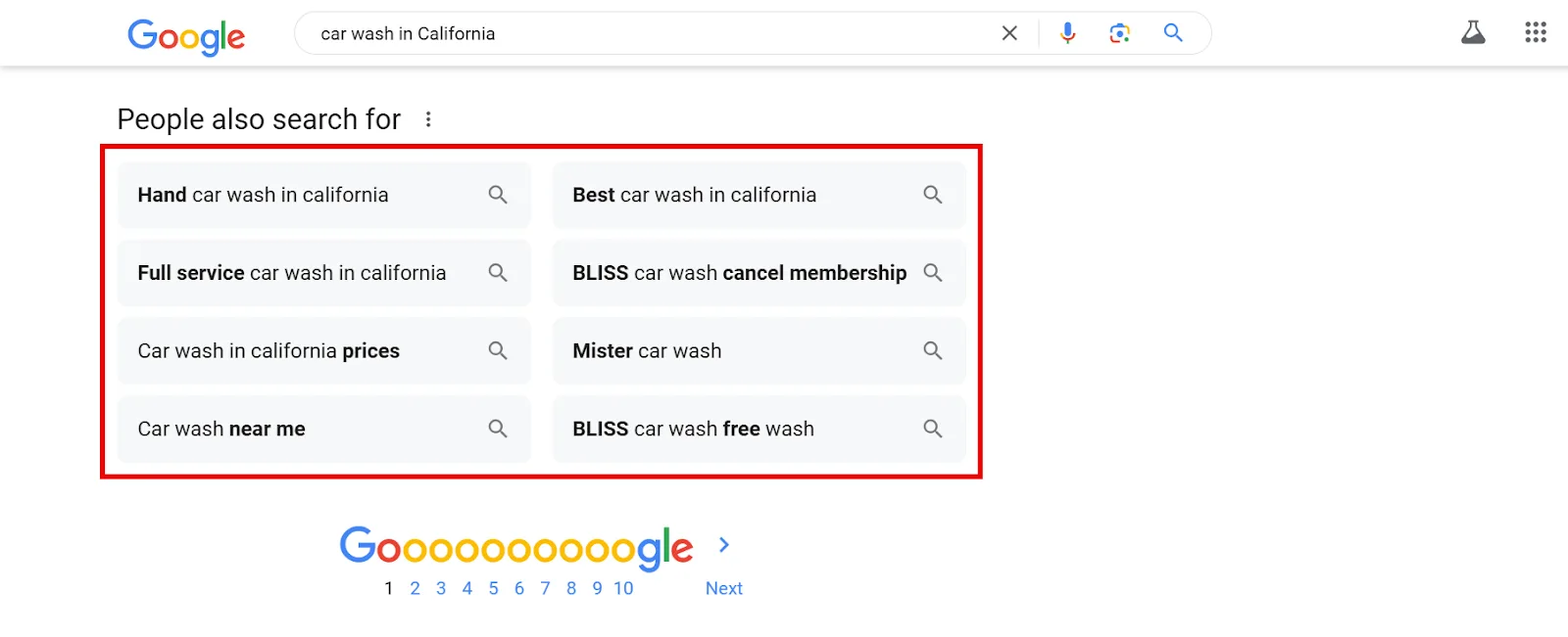 Search results for car wash options in California with popular suggestions.
