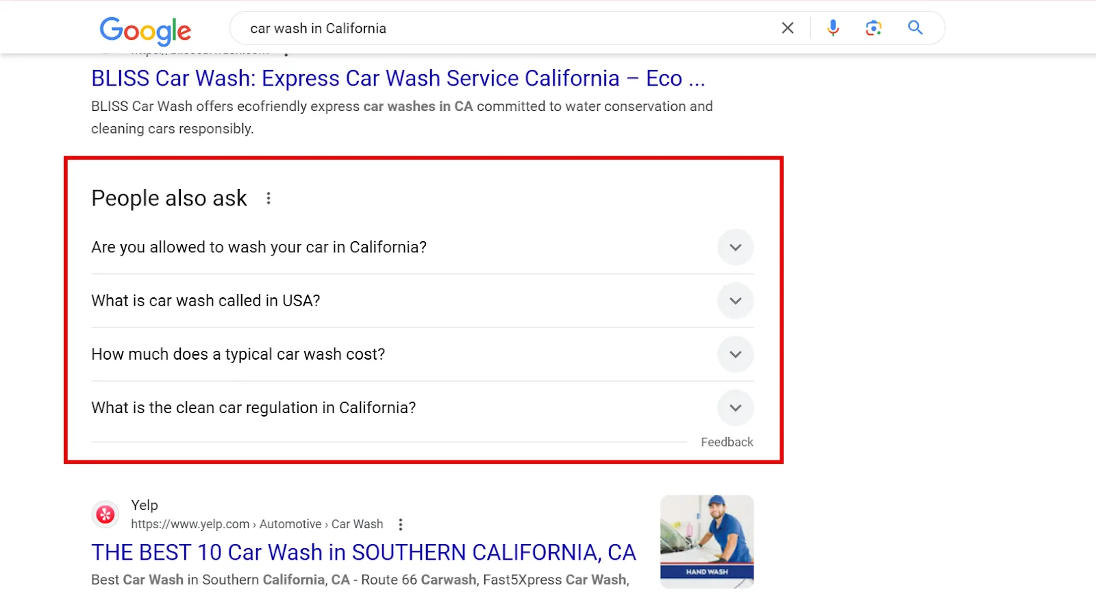 Google search results for car wash in California with related questions.