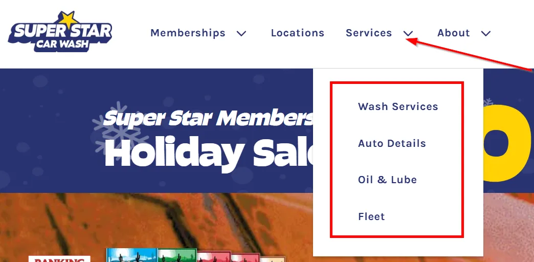 Super Star Car Wash holiday sale services menu including wash, details, oil, and fleet offerings.
