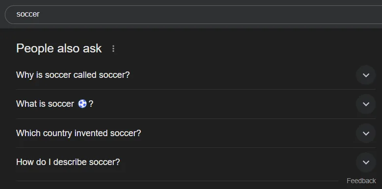 Search results for soccer with related questions displayed.