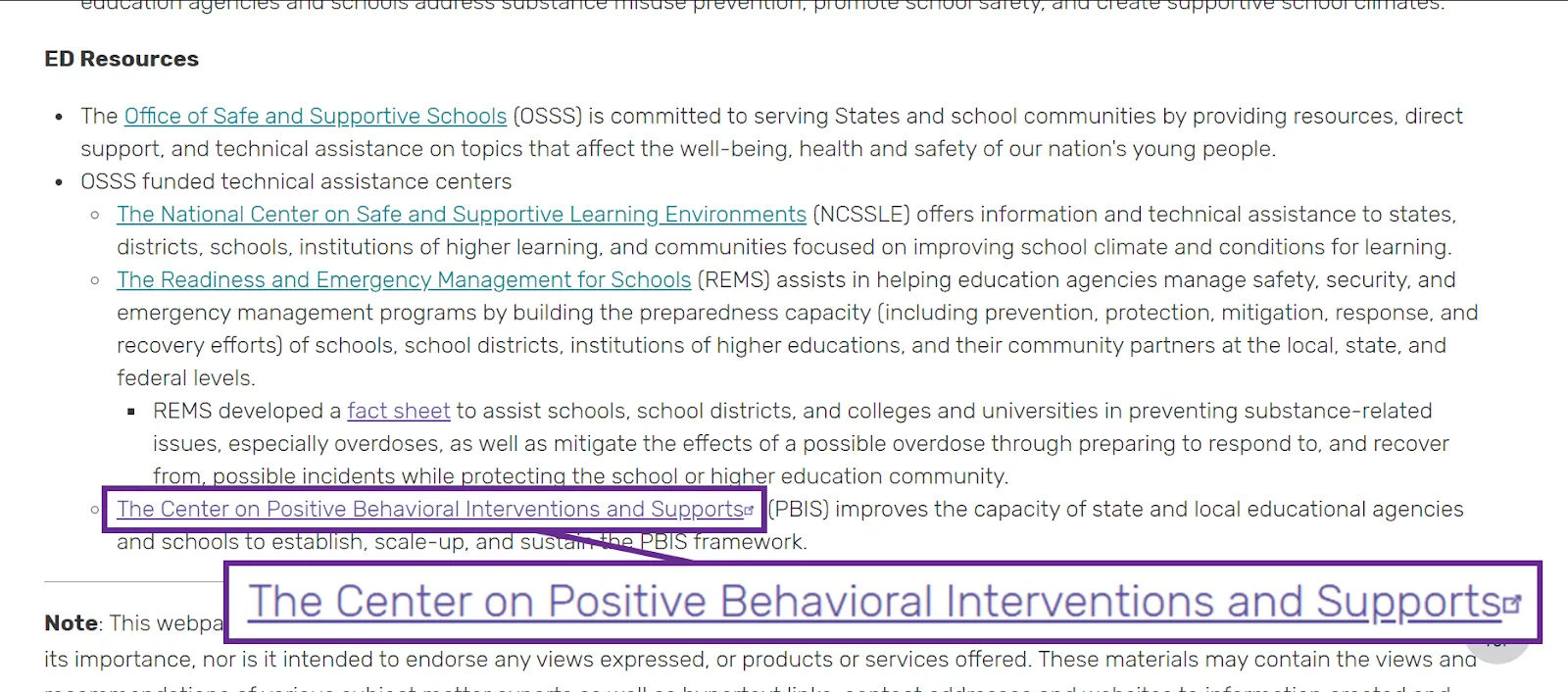 Overview of ED resources including Center on Positive Behavioral Interventions and Supports.