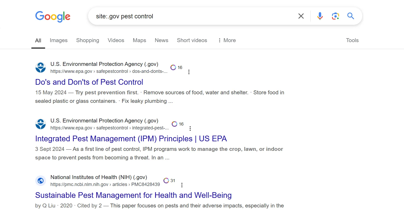 Search results for pest control on government websites, featuring EPA and NIH articles.
