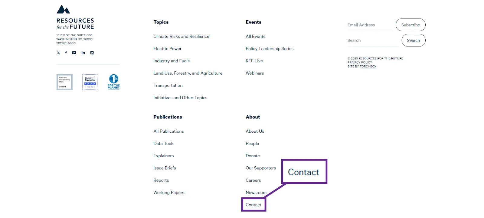 Contact page for Resources for the Future featuring contact information and links.