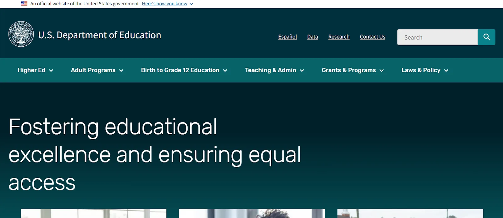 U.S. Department of Education homepage promoting educational excellence and equal access.