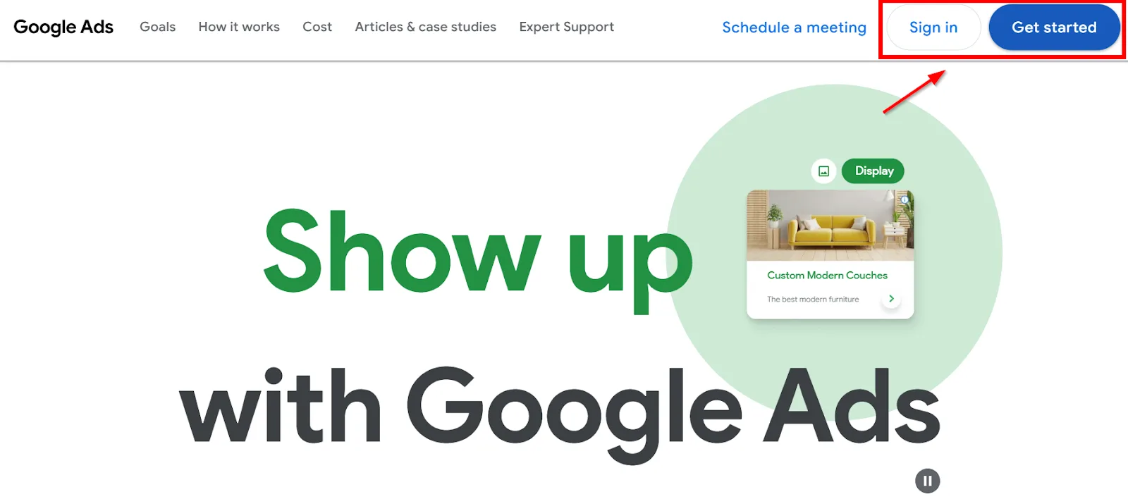 Google Ads webpage showcasing display ad options and a sign-in button.
