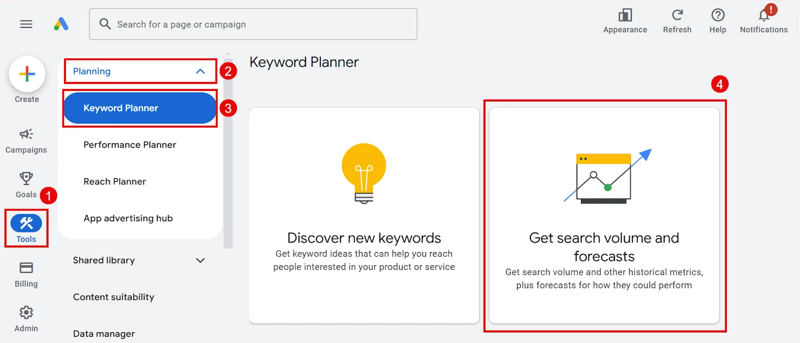 Google Ads Keyword Planner interface for planning and analysis.