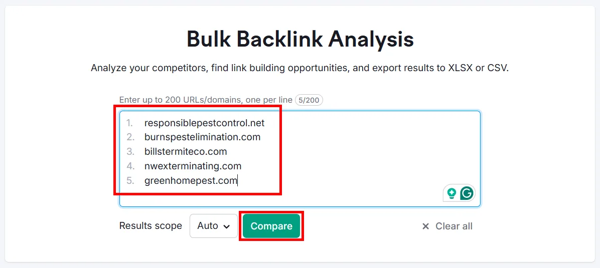 Bulk backlink analysis tool displaying competitor URLs for SEO insights