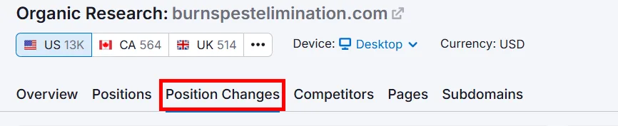 Screenshot of organic research tool showing position changes for a website