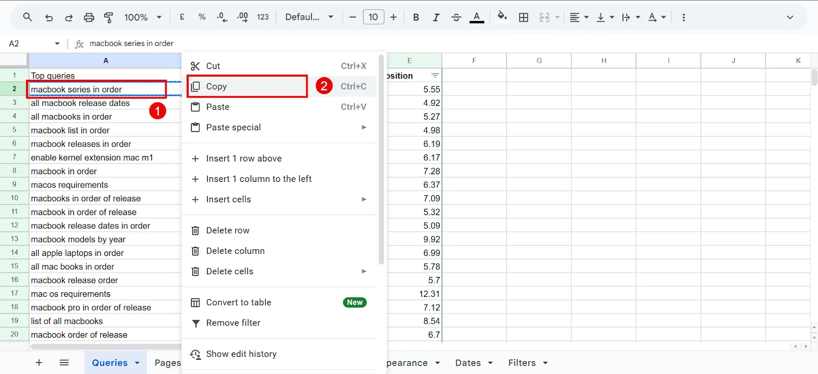 Google Sheets displaying MacBook series with query options and data table.