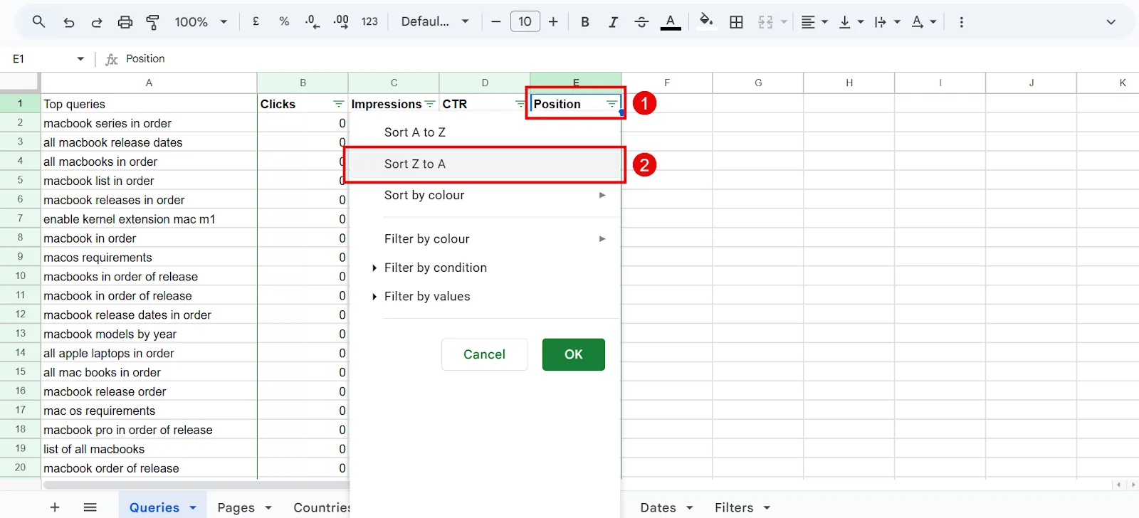 Google Sheets showing sorting options for queries in a spreadsheet.