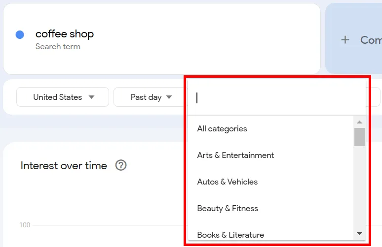 Search term suggestions for coffee shop in the United States