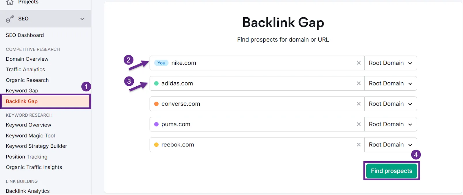 Backlink Gap tool interface for SEO competitive research