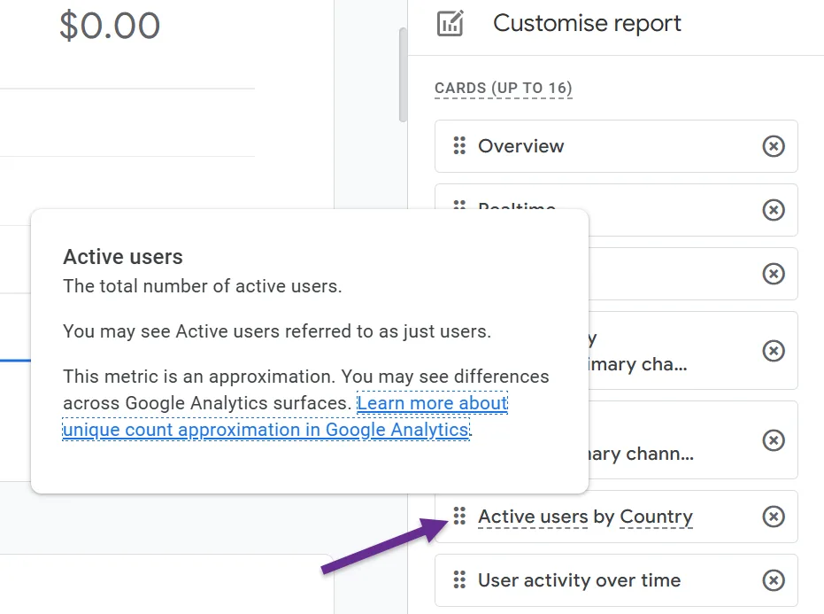 Active users metric in Google Analytics with detailed explanation.