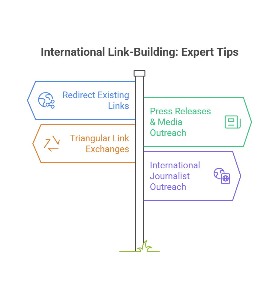 Expert tips for international link-building strategies displayed on a signpost.