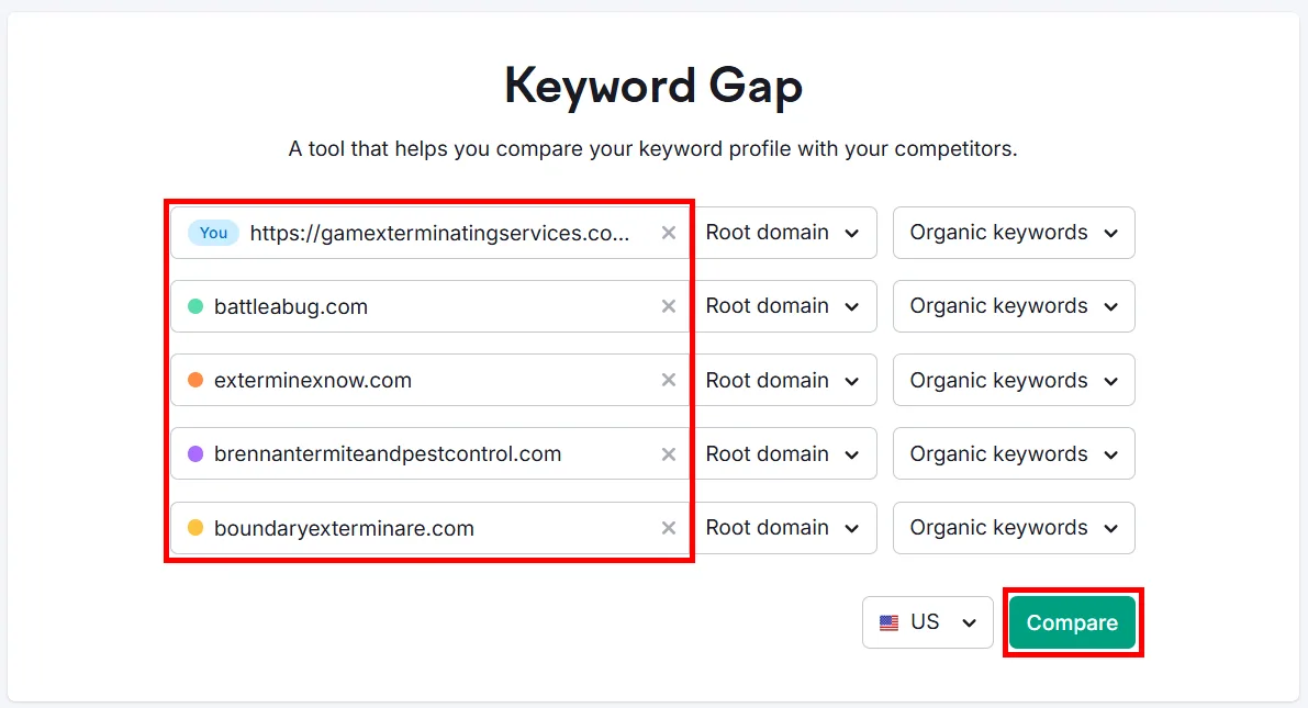 Keyword gap tool for comparing domain keywords and profiles.