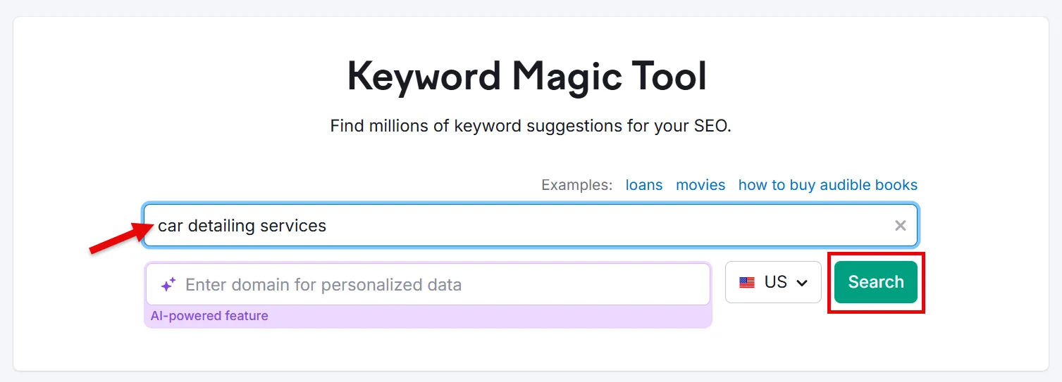 Keyword Magic Tool for car detailing services search