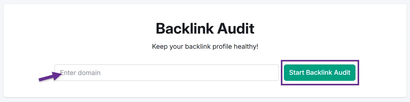 Backlink Audit tool interface with domain input and action button.
