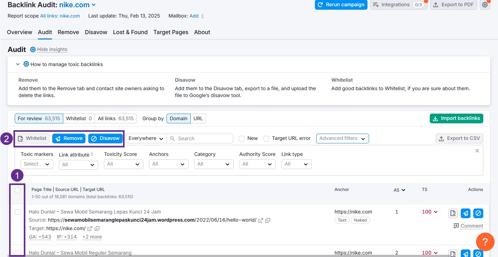 Backlink audit interface for Nike showing link management options and backlink details.