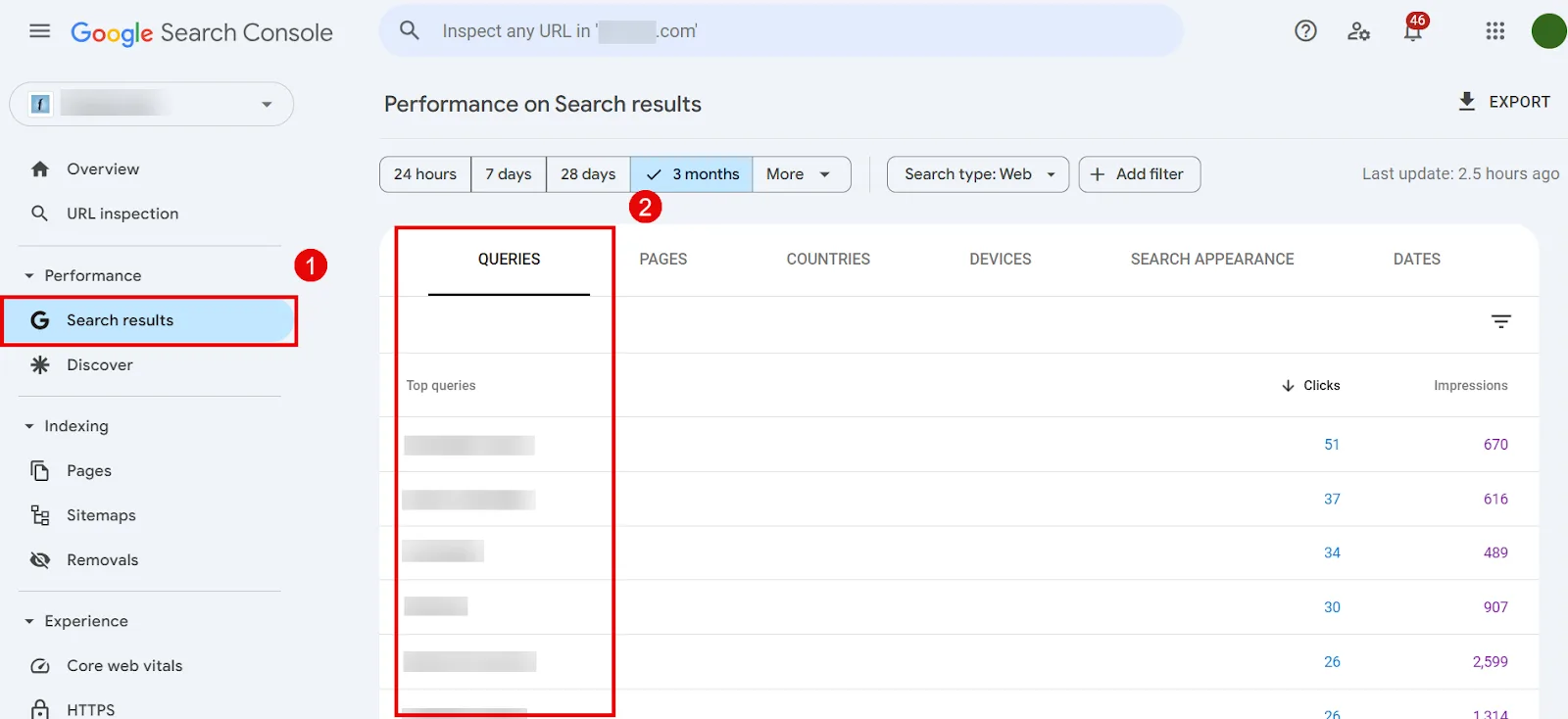 Google Search Console showing performance data and search results queries.