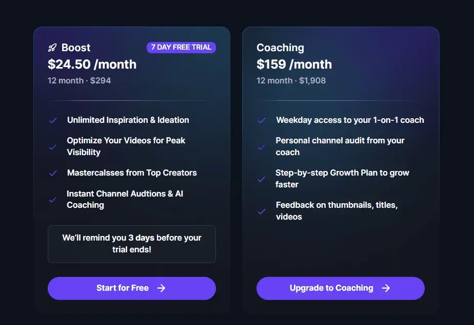Comparison of Boost and Coaching subscription plans for video optimization and growth.
