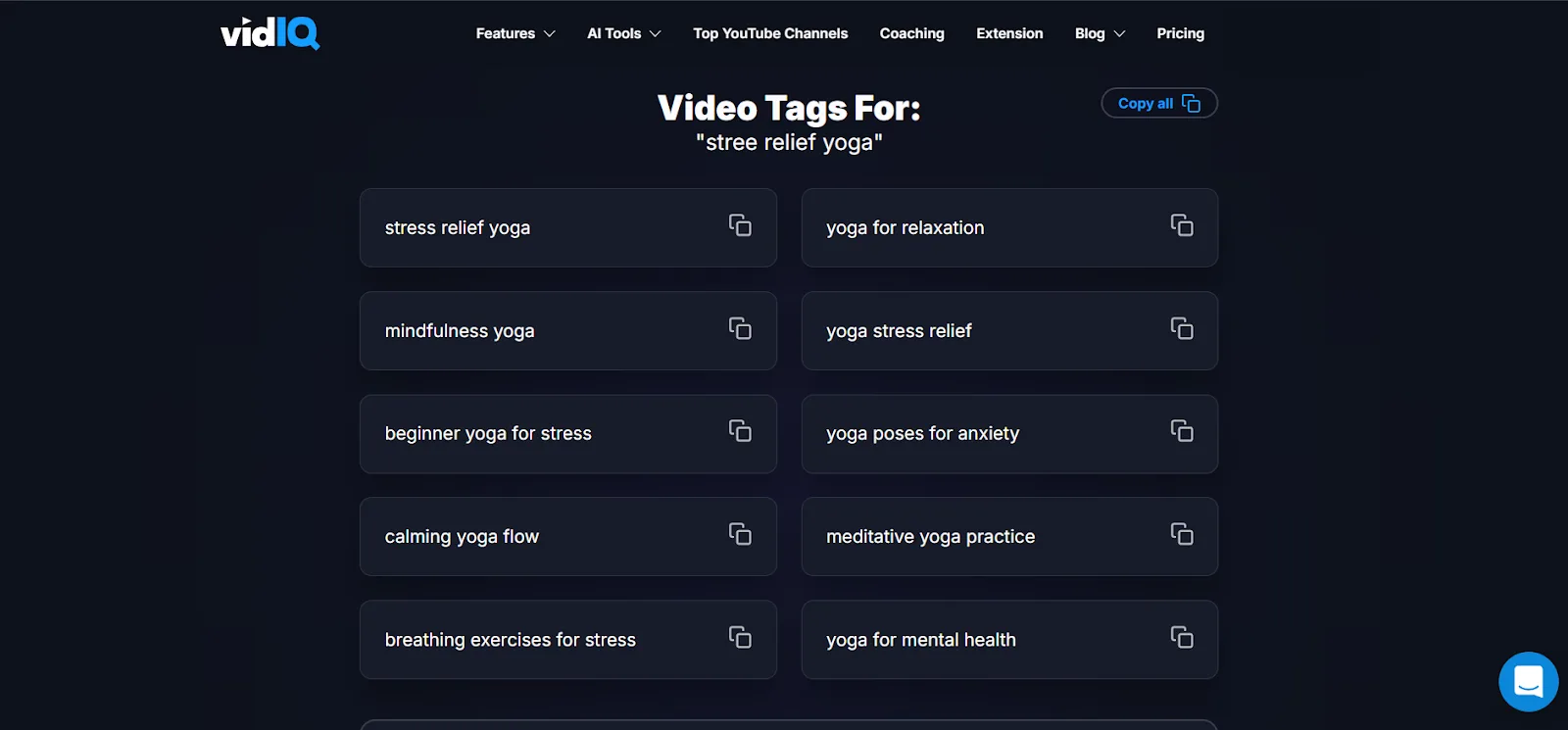 List of video tags for stress relief yoga including mindfulness and calming practices.