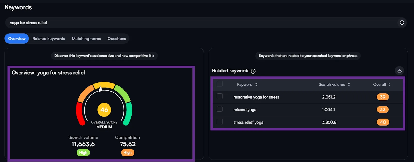 Overview of keyword performance for yoga for stress relief with search volume and competition data.