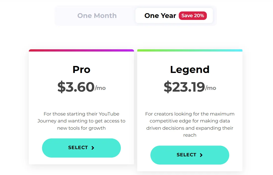 Subscription plans for Pro and Legend YouTube growth tools.