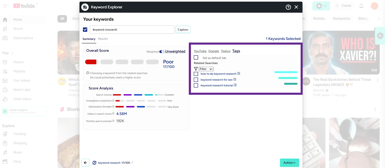 Keyword Explorer interface showing keyword research insights and analysis scores.