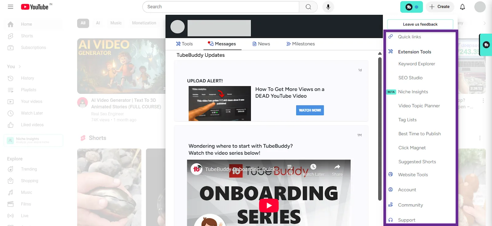 YouTube interface featuring TubeBuddy updates and AI video generator highlights.