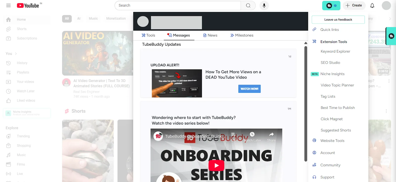 YouTube interface showcasing TubeBuddy updates and video recommendations.
