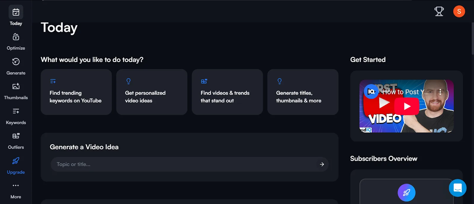 Dashboard interface for generating YouTube video ideas and keywords