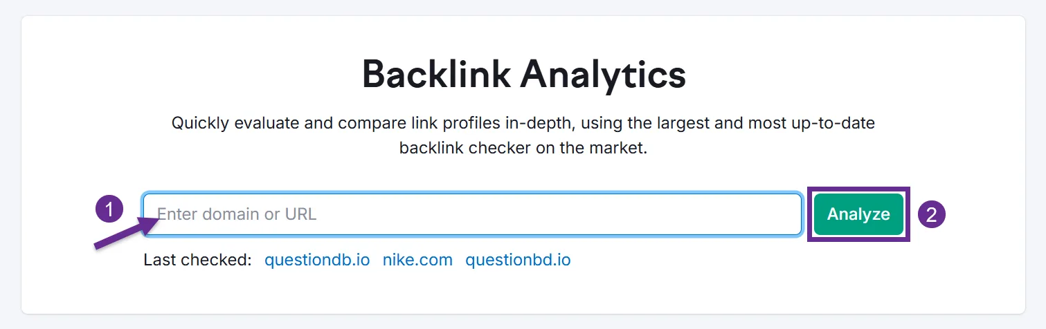Backlink analytics tool interface for evaluating link profiles with domain input.