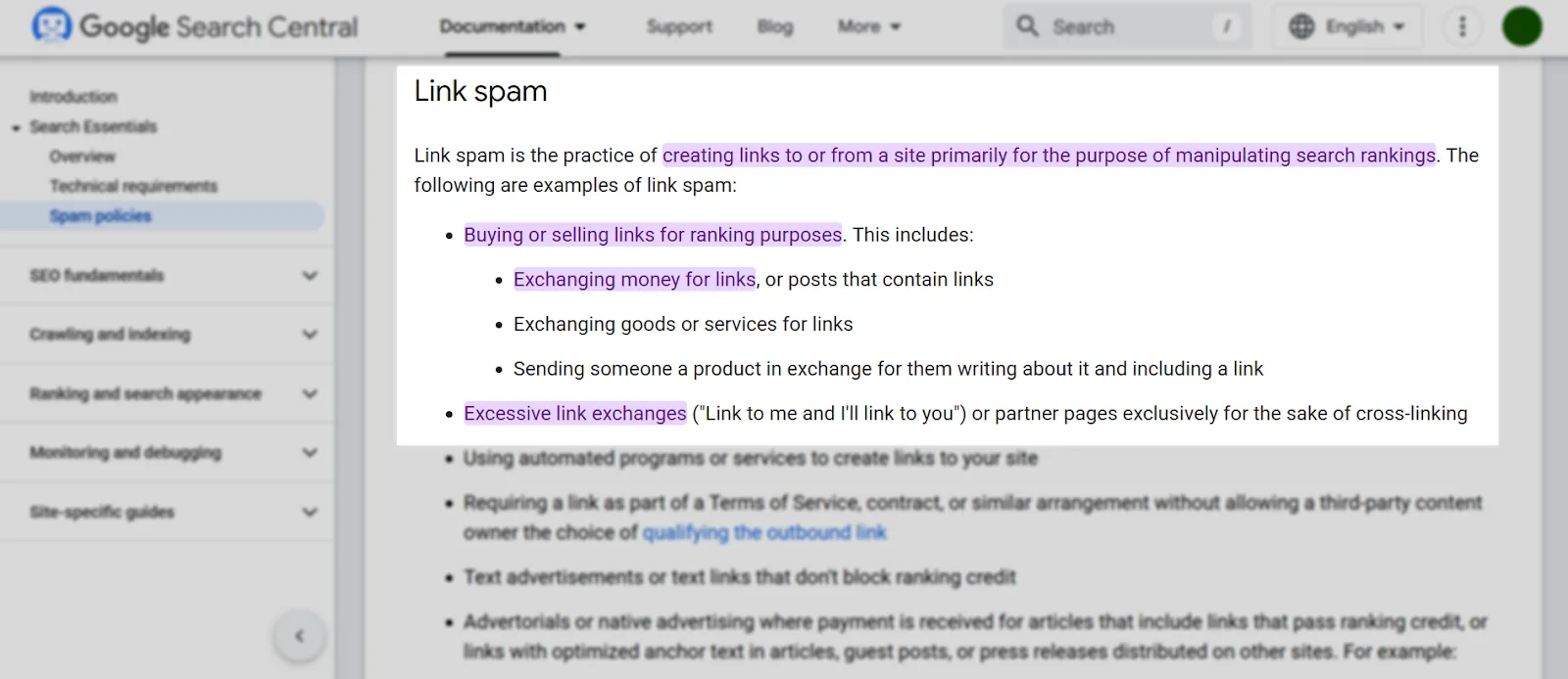 Google Search Central documentation on link spam examples and policies.