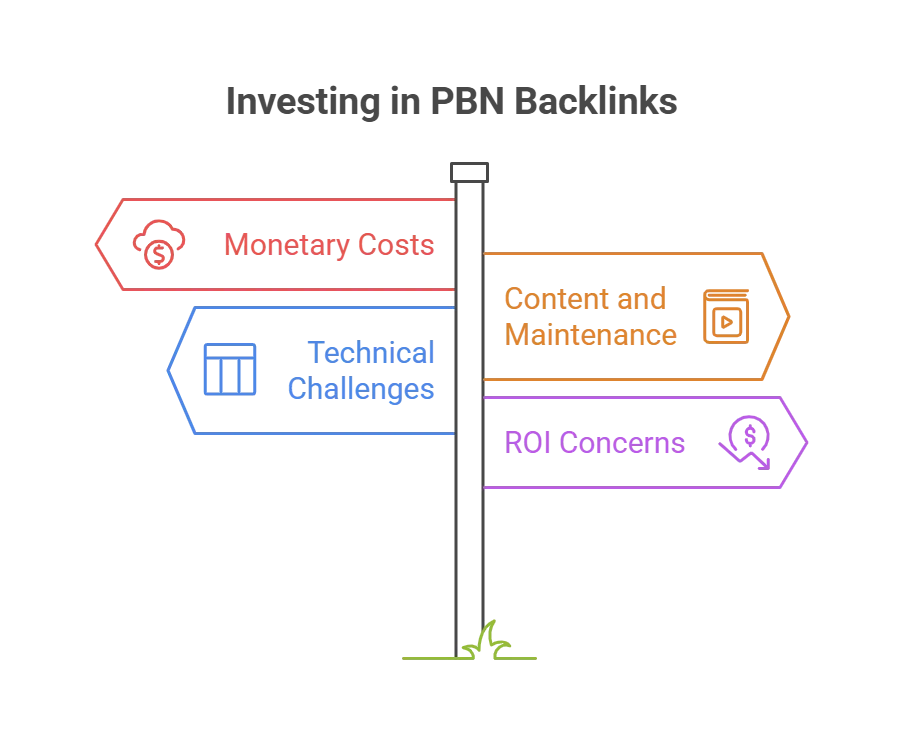 Signpost illustrating investing challenges in PBN backlinks: costs, technical issues, content, and ROI concerns.
