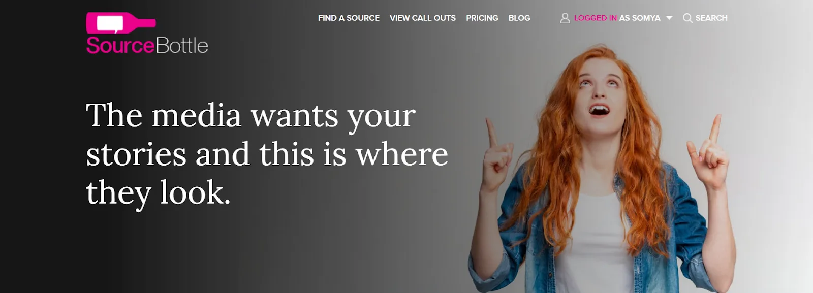 Person with red hair looking excited and pointing upwards about media opportunities.