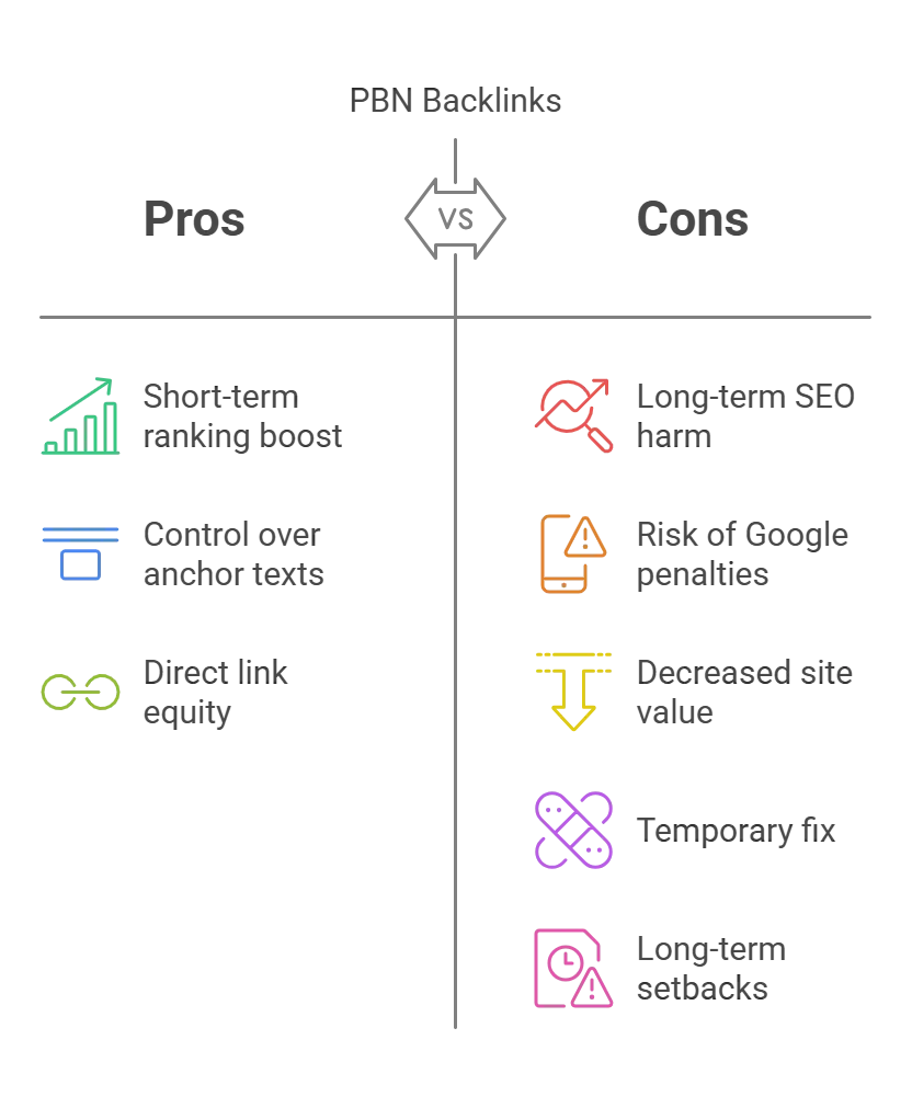 Pros and cons of PBN backlinks in SEO highlighting short-term boosts and long-term risks.