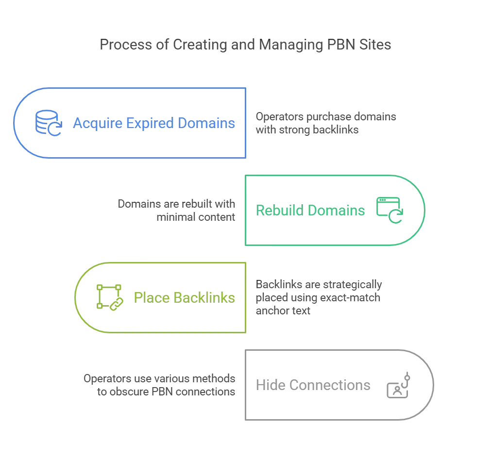 Diagram illustrating the process of creating and managing PBN sites, including acquiring domains and placing backlinks.