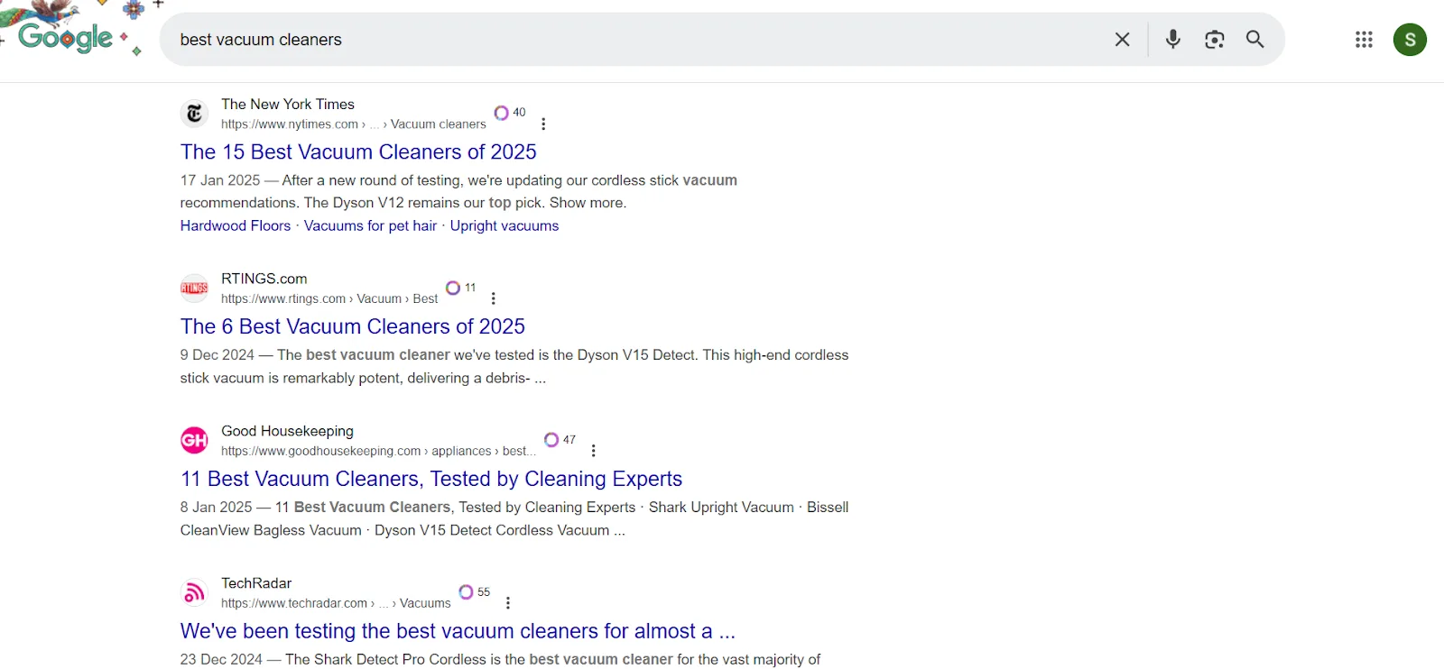 Search results for best vacuum cleaners with featured articles on top picks and reviews.