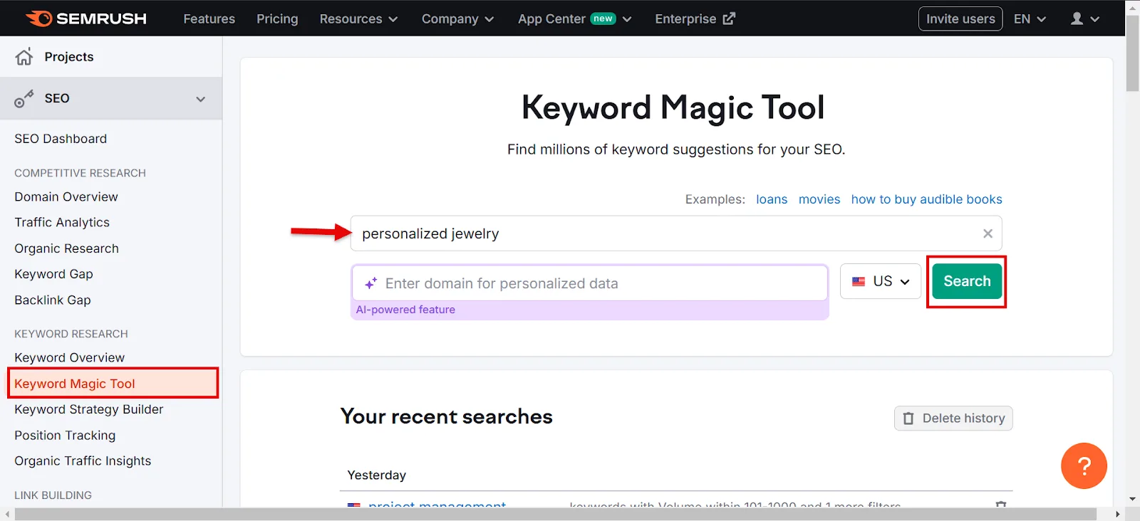 Semrush Keyword Magic Tool displaying search for personalized jewelry.