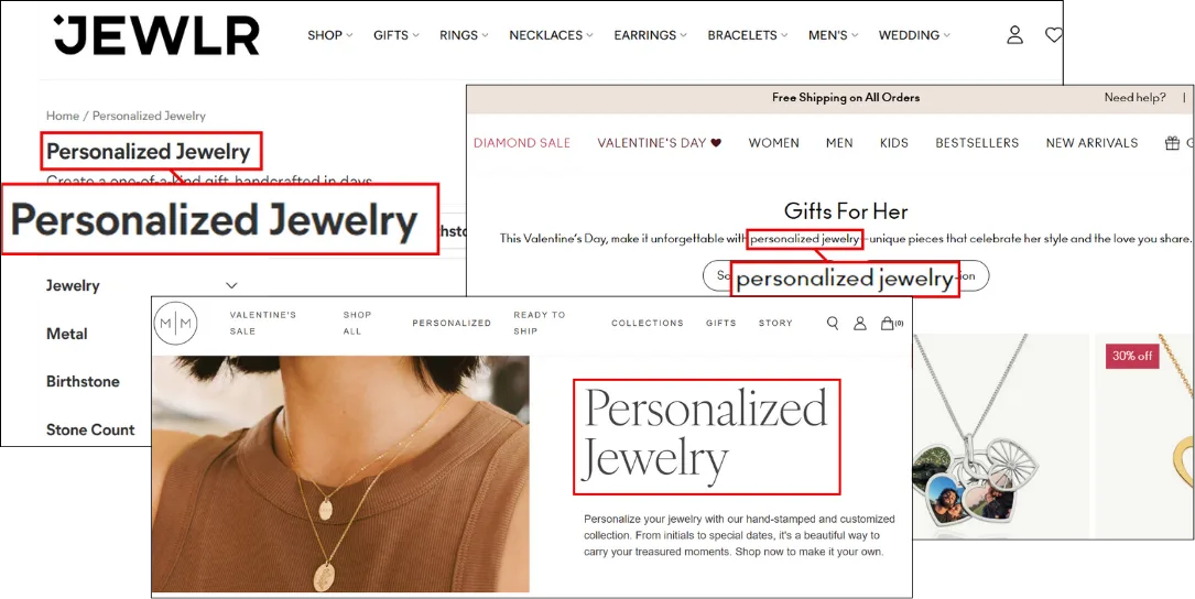Various examples of personalized jewelry promotions on a website.