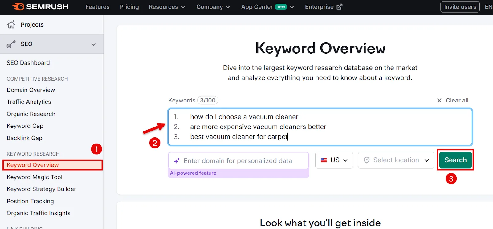SEO Keyword Overview tool displaying top search queries.